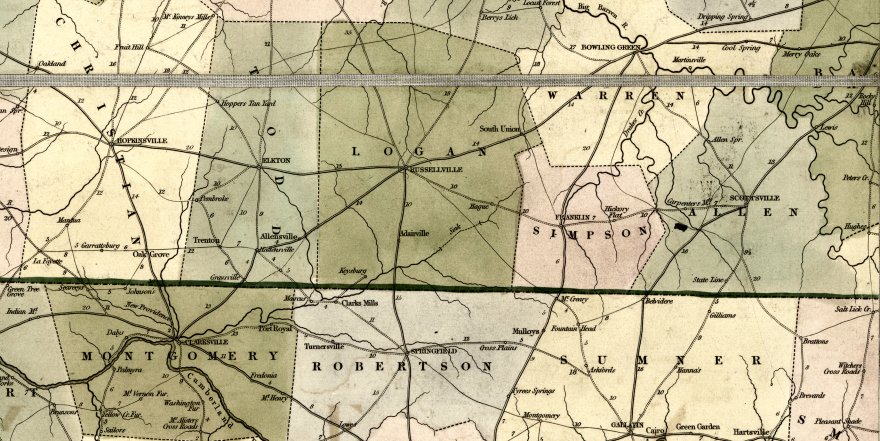 Kentucky and Tennessee map showing proximity of Logan County, KY and Robertson County, TN